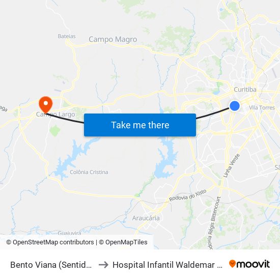 Bento Viana (Sentido Norte) to Hospital Infantil Waldemar Monastier map