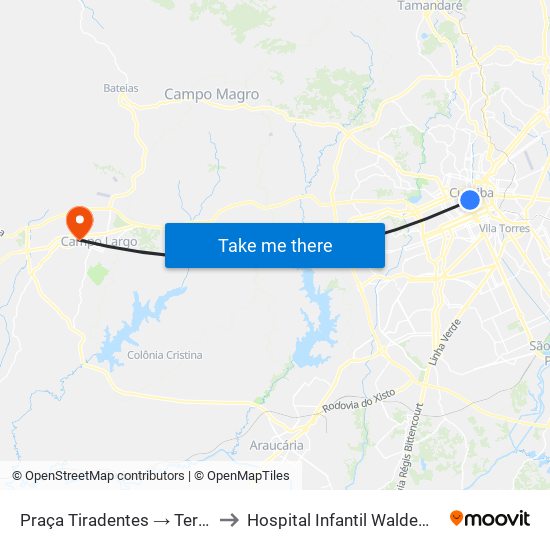 Praça Tiradentes → Terminal Pinhais to Hospital Infantil Waldemar Monastier map