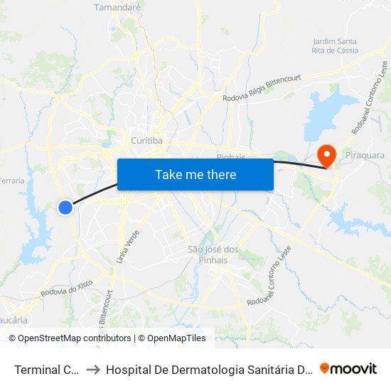 Terminal Caiuá to Hospital De Dermatologia Sanitária Do Paraná map