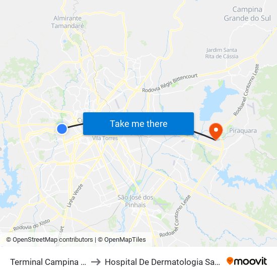 Terminal Campina Do Siqueira to Hospital De Dermatologia Sanitária Do Paraná map