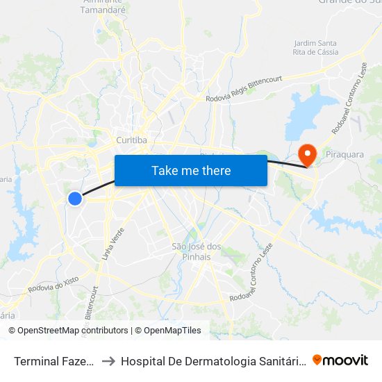 Terminal Fazendinha to Hospital De Dermatologia Sanitária Do Paraná map