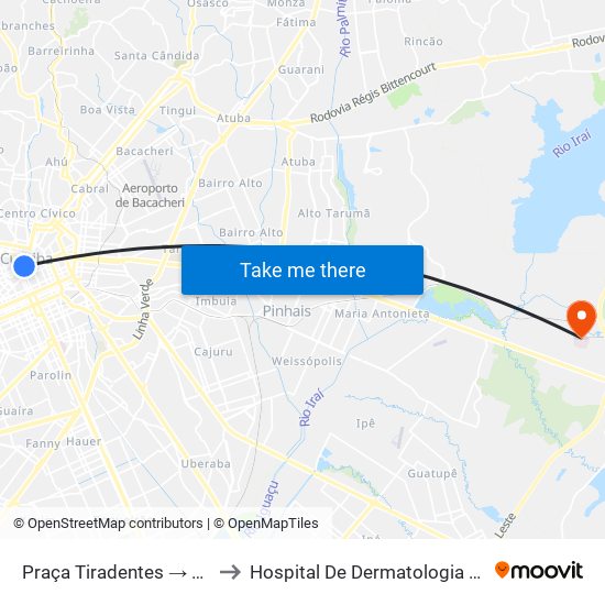 Praça Tiradentes → Terminal Pinhais to Hospital De Dermatologia Sanitária Do Paraná map