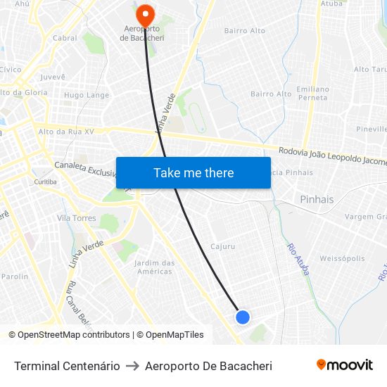 Terminal Centenário to Aeroporto De Bacacheri map