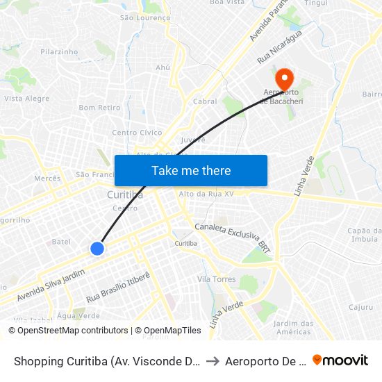 Shopping Curitiba (Av. Visconde De Guarapuava, 3850) to Aeroporto De Bacacheri map
