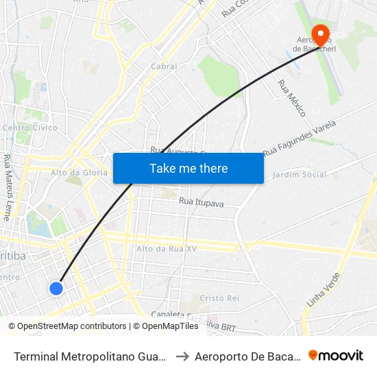 Terminal Metropolitano Guadalupe to Aeroporto De Bacacheri map