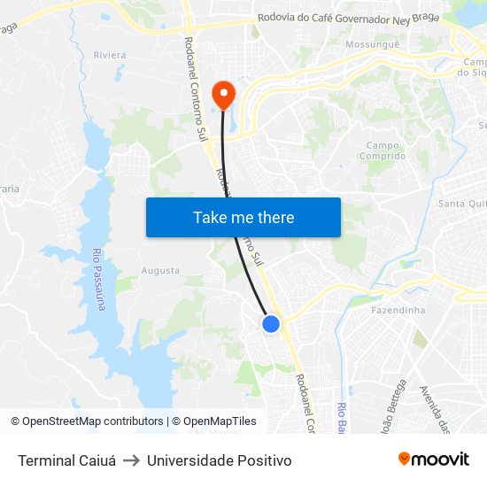 Terminal Caiuá to Universidade Positivo map