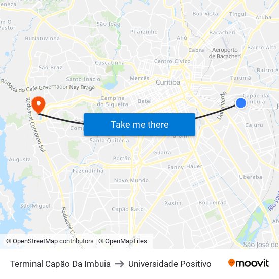 Terminal Capão Da Imbuia to Universidade Positivo map