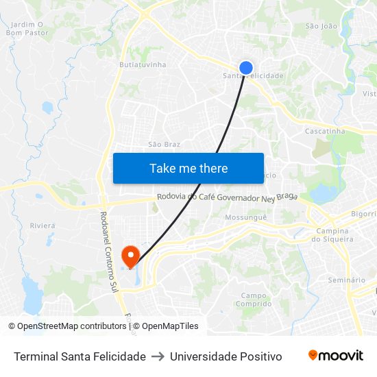 Terminal Santa Felicidade to Universidade Positivo map