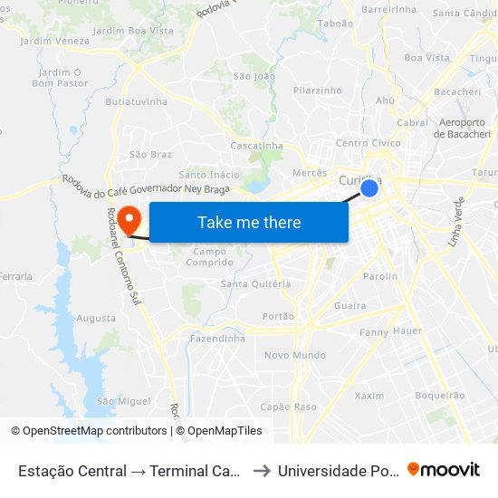 Estação Central → Terminal Capão Raso to Universidade Positivo map