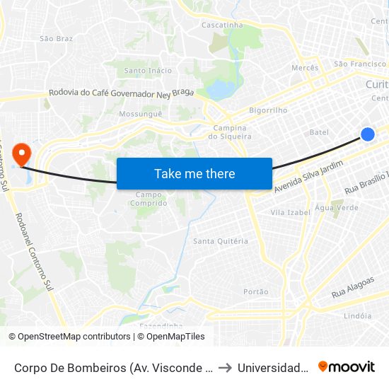 Corpo De Bombeiros (Av. Visconde De Guarapuava, 3571) to Universidade Positivo map