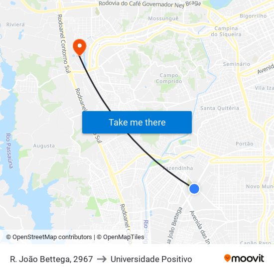 R. João Bettega, 2967 to Universidade Positivo map