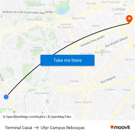 Terminal Caiuá to Ufpr Campus Rebouças map