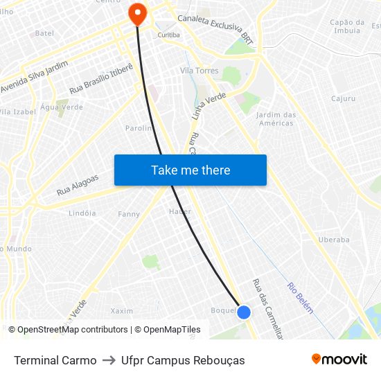 Terminal Carmo to Ufpr Campus Rebouças map