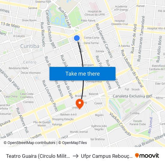 Teatro Guaíra (Círculo Militar) to Ufpr Campus Rebouças map
