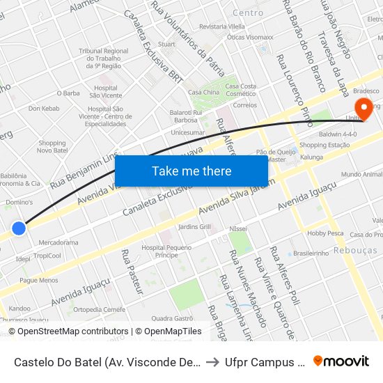 Castelo Do Batel (Av. Visconde De Guarapuava, 4610) to Ufpr Campus Rebouças map