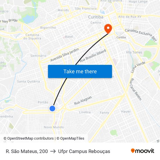 R. São Mateus, 200 to Ufpr Campus Rebouças map