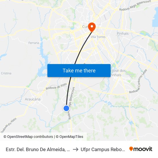 Estr. Del. Bruno De Almeida, 3617 to Ufpr Campus Rebouças map