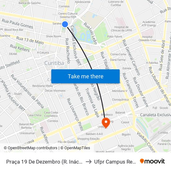Praça 19 De Dezembro (R. Inácio Lustosa) to Ufpr Campus Rebouças map