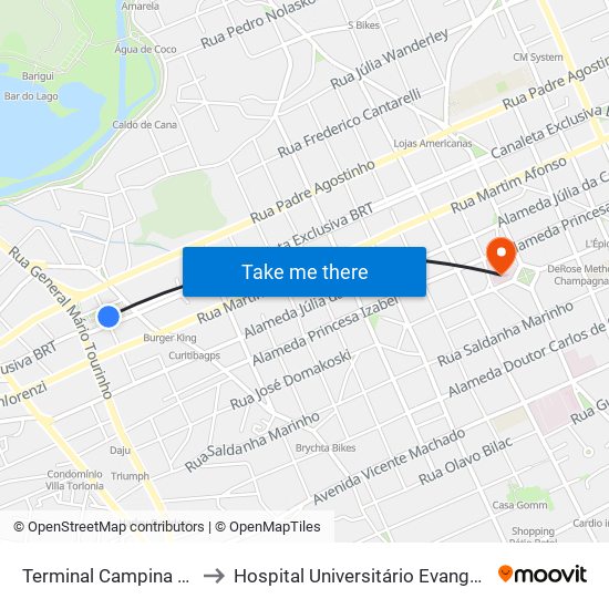 Terminal Campina Do Siqueira to Hospital Universitário Evangélico Mackenzie map