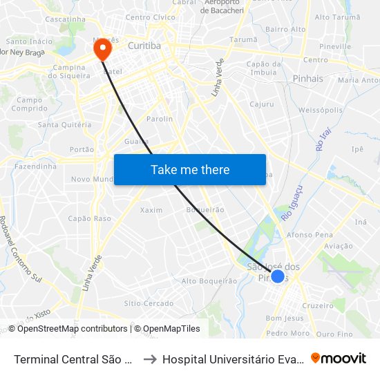 Terminal Central São José Dos Pinhais to Hospital Universitário Evangélico Mackenzie map