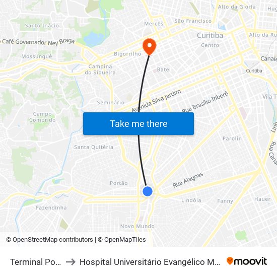 Terminal Portão to Hospital Universitário Evangélico Mackenzie map