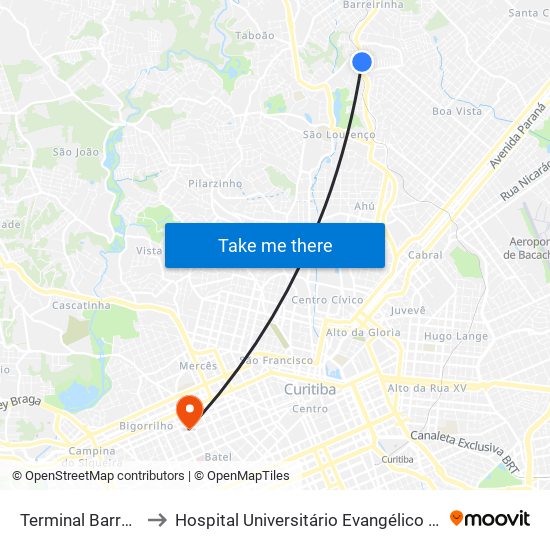 Terminal Barreirinha to Hospital Universitário Evangélico Mackenzie map
