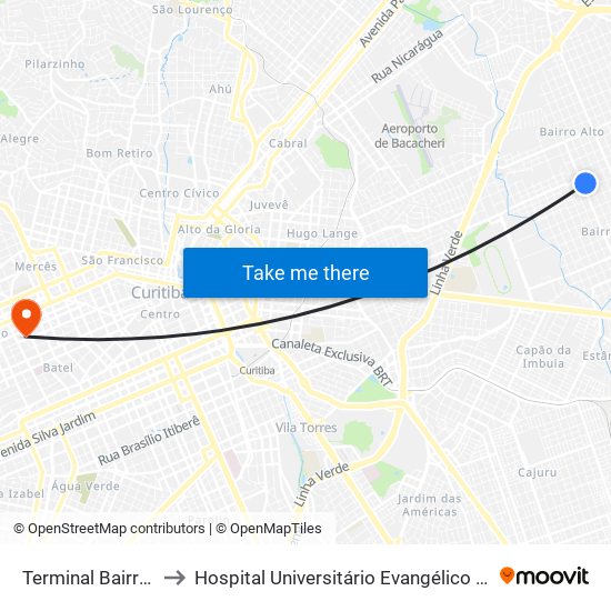 Terminal Bairro Alto to Hospital Universitário Evangélico Mackenzie map