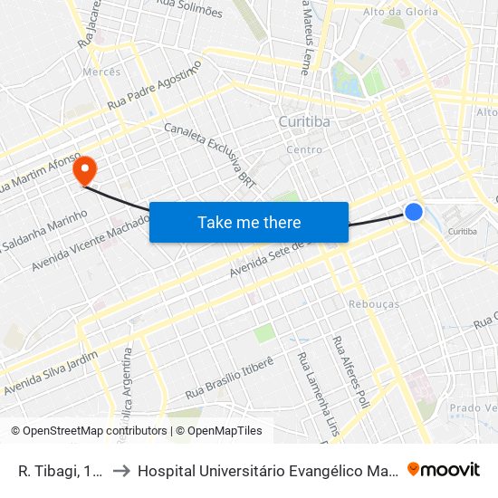 R. Tibagi, 1064 to Hospital Universitário Evangélico Mackenzie map