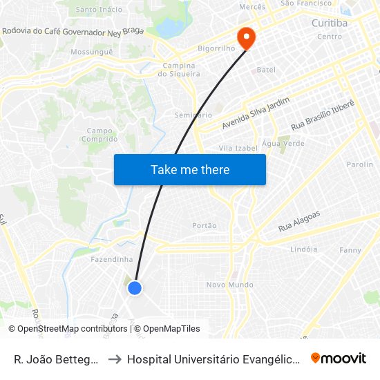 R. João Bettega, 2967 to Hospital Universitário Evangélico Mackenzie map