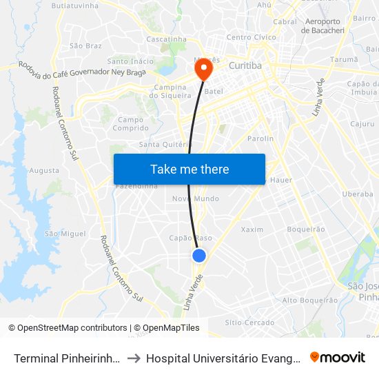 Terminal Pinheirinho (Externo - Não Integrado) to Hospital Universitário Evangélico Mackenzie map