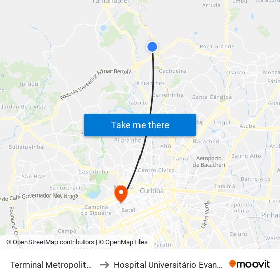 Terminal Metropolitano Cachoeira to Hospital Universitário Evangélico Mackenzie map