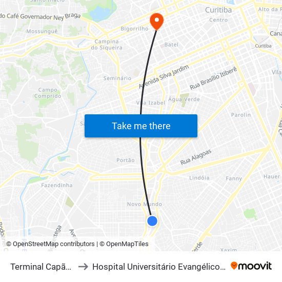 Terminal Capão Raso to Hospital Universitário Evangélico Mackenzie map