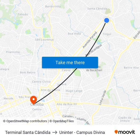 Terminal Santa Cândida to Uninter - Campus Divina map