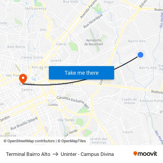 Terminal Bairro Alto to Uninter - Campus Divina map