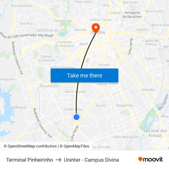 Terminal Pinheirinho to Uninter - Campus Divina map