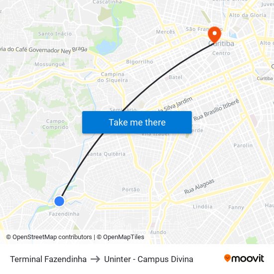 Terminal Fazendinha to Uninter - Campus Divina map