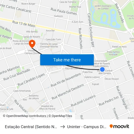 Estação Central (Sentido Norte) to Uninter - Campus Divina map