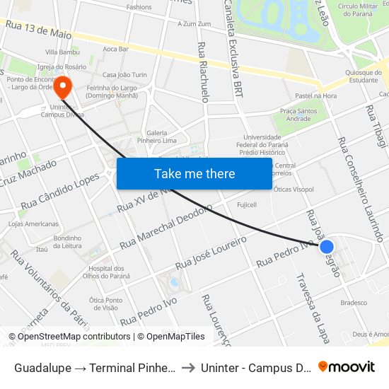 Guadalupe → Terminal Pinheirinho to Uninter - Campus Divina map