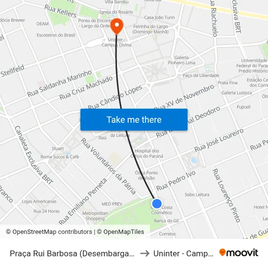 Praça Rui Barbosa (Desembargador Westphalen) to Uninter - Campus Divina map