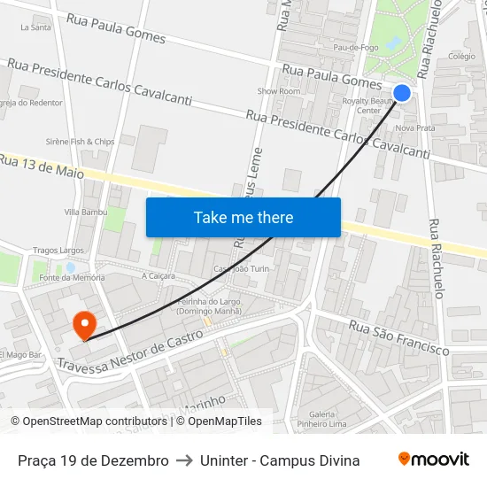 Praça 19 de Dezembro to Uninter - Campus Divina map