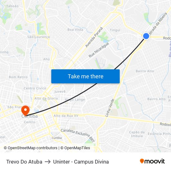 Trevo Do Atuba to Uninter - Campus Divina map