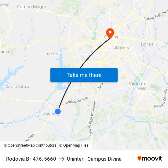 Rodovia Br-476, 5660 to Uninter - Campus Divina map