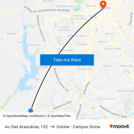 Av. Das Araucárias, 152 to Uninter - Campus Divina map