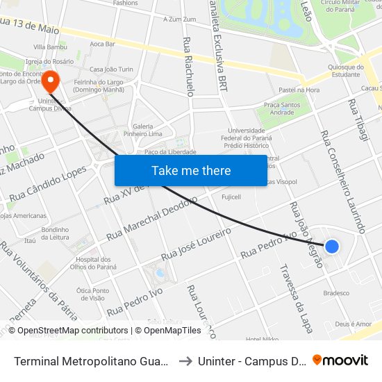 Terminal Metropolitano Guadalupe to Uninter - Campus Divina map