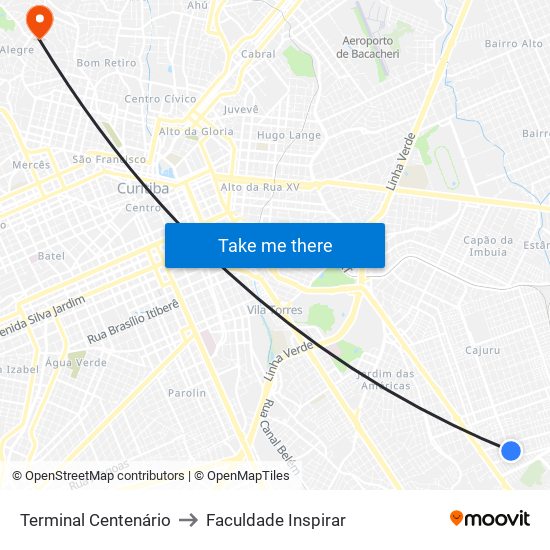 Terminal Centenário to Faculdade Inspirar map