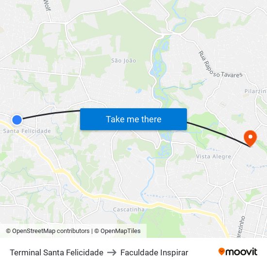 Terminal Santa Felicidade to Faculdade Inspirar map