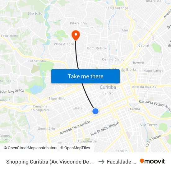 Shopping Curitiba (Av. Visconde De Guarapuava, 3850) to Faculdade Inspirar map