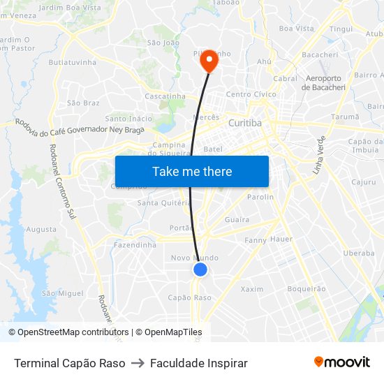 Terminal Capão Raso to Faculdade Inspirar map