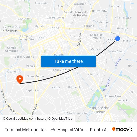Terminal Metropolitano Pinhais to Hospital Vitória - Pronto Atendimento map