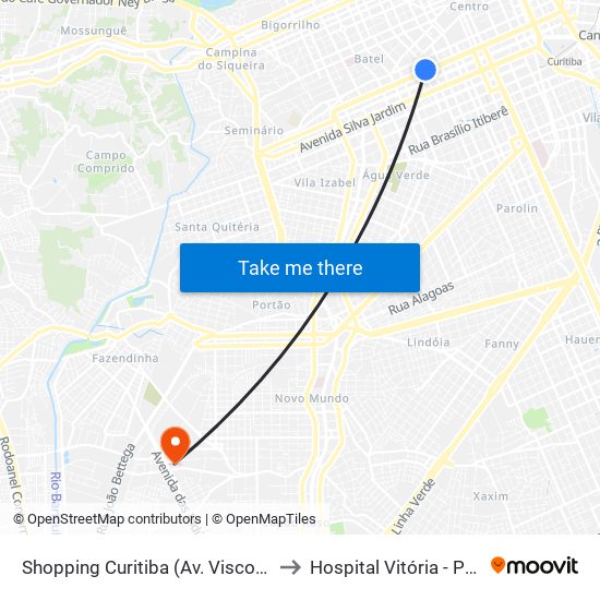 Shopping Curitiba (Av. Visconde De Guarapuava, 3850) to Hospital Vitória - Pronto Atendimento map